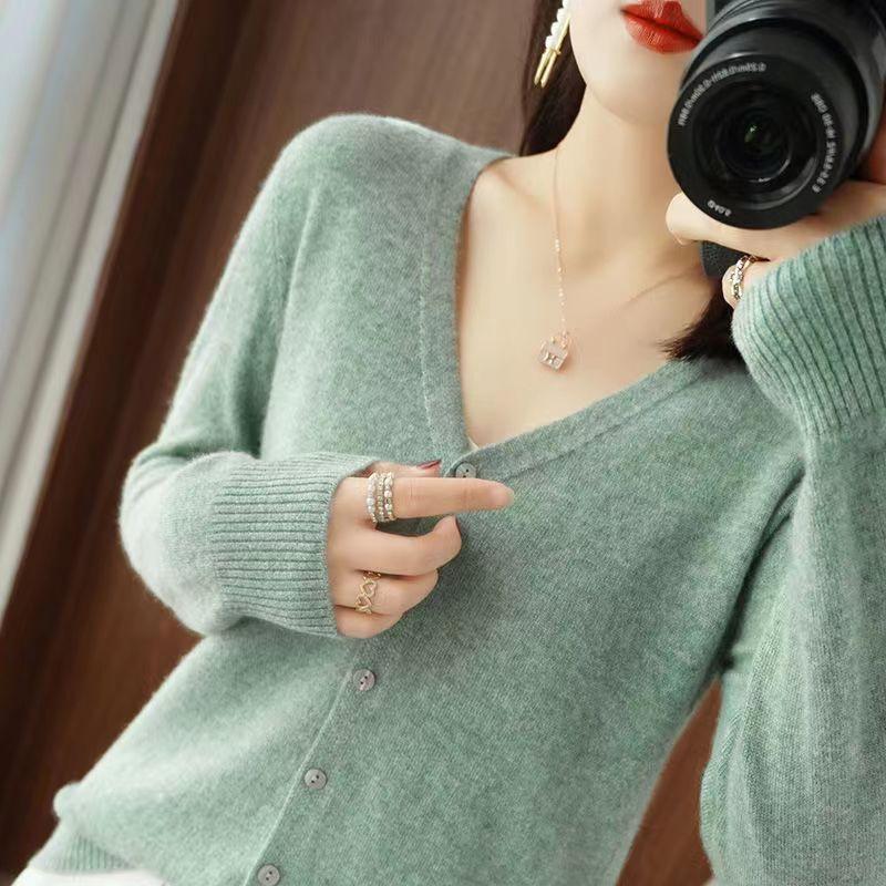Women's V-Neck Knitted Cardigan Loose Slim Plus Size Sweater All-match Jacket Solid Color Basic Small Cardigans for Spring Autumn
