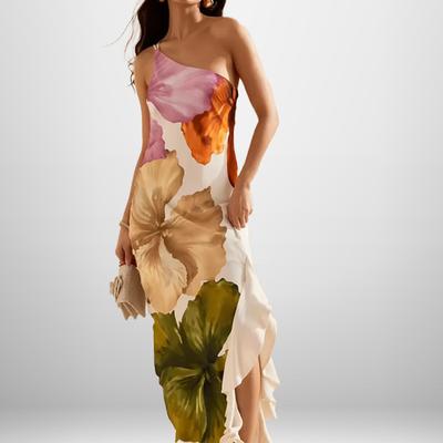 Весенняя мода Новое женское элегантное темпераментное платье без рукавов на одном плече на бретелях с принтом