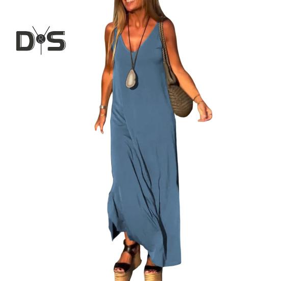 Женское летнее платье-комбинация без рукавов, повседневное платье макси с V-образным вырезом и разрезом, свободный пляжный сарафан, наряд для путешествий и отпуска
