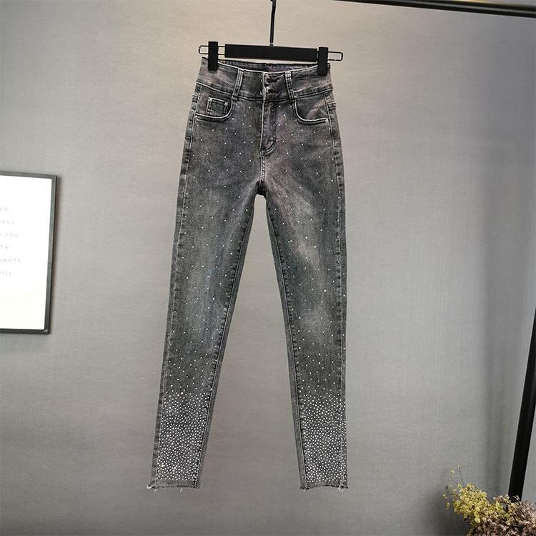 Весенние и осенние уличные женские джинсовые брюки с высокой талией и украшением. Брюки