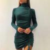 Women's Loose Casual Solid Color Drawstring High Neck Dress With Long Sleeves And Tight Fitting Hip Hugging Dress