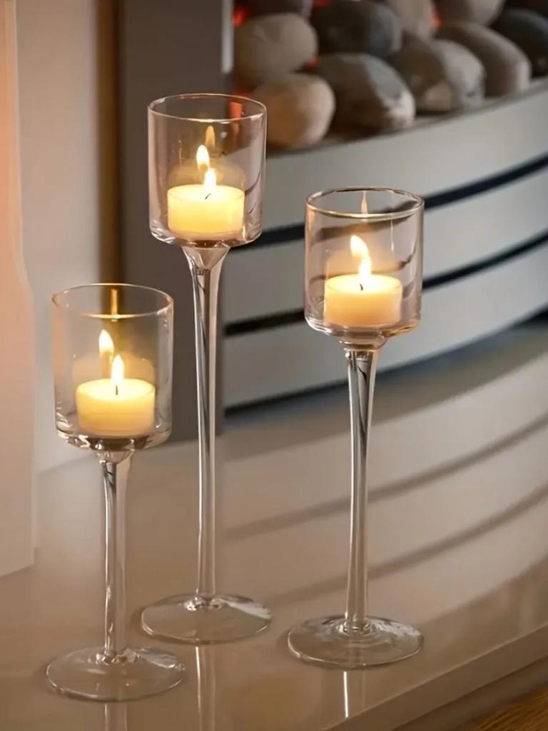 3PCS Transparent Glass Candle Holder Set Elegant Gift Box European Dining Table Decor