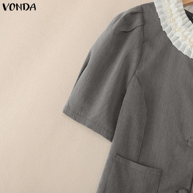 VONDA Женская повседневная блузка с оборками по низу, бисером, круглым вырезом, короткими рукавами, укороченная