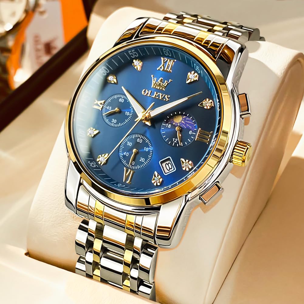 OLEVS часы для мужчин кварцевые фазы Луны таймер из нержавеющей стали простые модные водонепроницаемые светящиеся часы с датой для мужчин синие