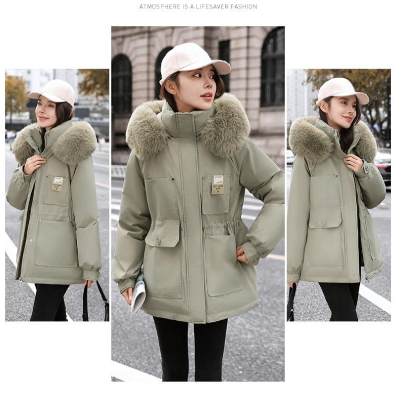 Pie Overcome Women's Winter New Korean Version Waist Thin Hooded Big Fur Collar Velvet Cotton Jacket Cotton Coat