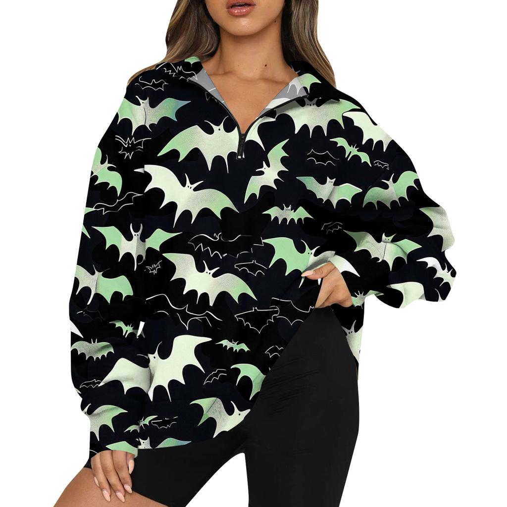 Women's Casual Fashion Long Sleeve Print Oversize Zip Sweatshirt Top