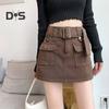 Женская юбка в корейском стиле с высокой талией, мини-юбка с поясом, короткая юбка-кюлот, уличная юбка-карго с большим карманом, шорты, консервативная, не подверженная воздействию, леди