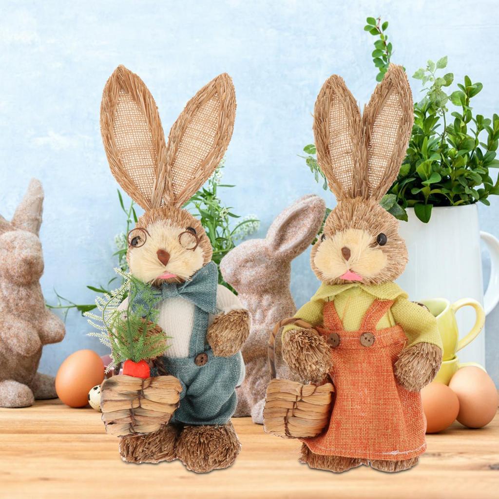 2x Artificial Straw Rabbit Souvenir Bunny Figurine Easter Straw Bunny Ornaments for Easter Holiday Party Household Decoration