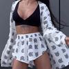 BITCED Loose Long Sleeve Women's Print Casual Commuter Lace-up Pajamas High-waisted Shorts Set