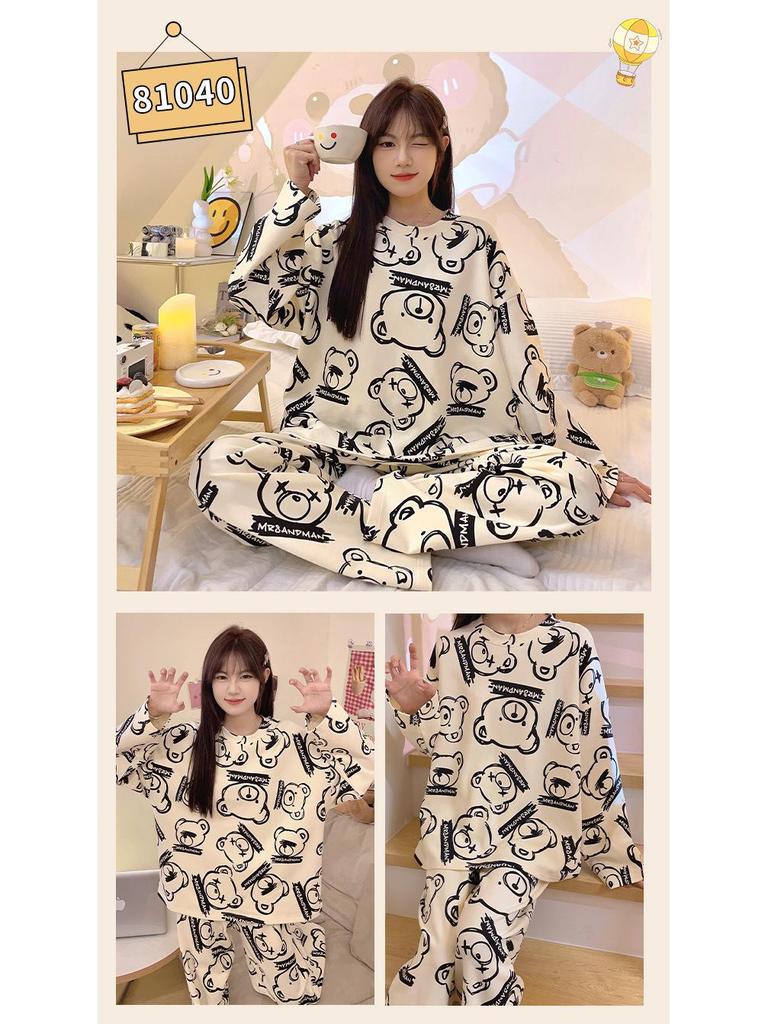 Женский пижамный комплект с длинным рукавом - Милый мультяшный принт, Большой размер, для весны и осени, для дома/улицы