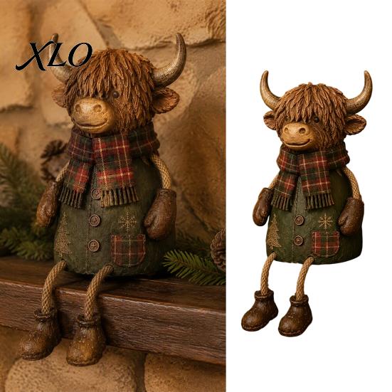 Decorative Figurine for Mantle Christmas Highland Cow Figurine, Cute Ornament with Retro Plaid Clothing Farmhouse Holiday Tabletop Shelf And