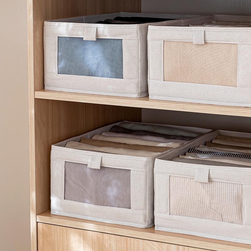 Большой складной ящик для хранения из хлопка и льна с окошком - Утолщенный тканевый органайзер для одежды и прочего