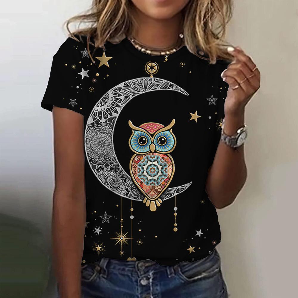 Summer Round Neck Owl Pattern Printed Top Fashionable Casual Cute Short Sleeved Women's T-shirts