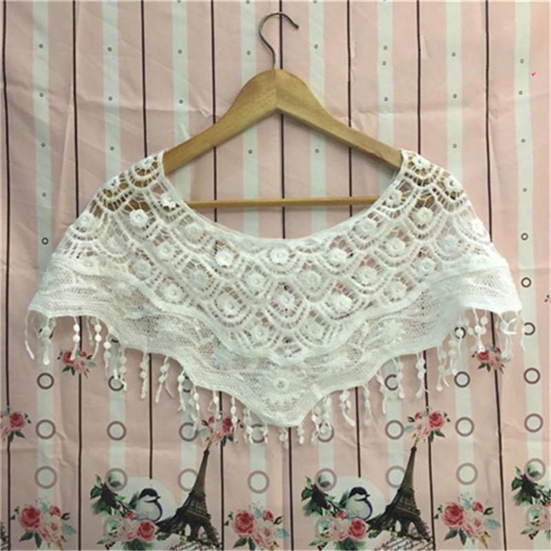 Women's Sweet White Hollow Crochet Lace Tassels Knit Wide Collar Cape Shawl EMA