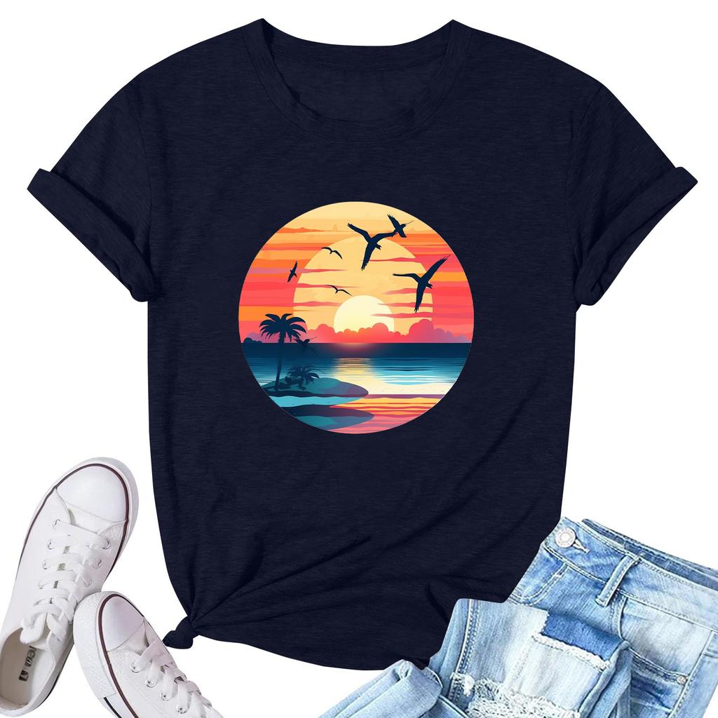 Women's Fashion Printed Casual Pleated Round Short Sleeve T-Shirt Top