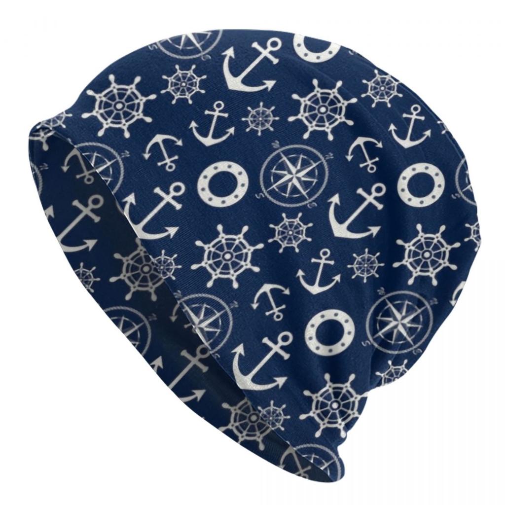Navy Blue Nautical Wheel Anchor Skullies Beanies Caps Unisex Women Unisex Fashion Winter Warm Knitting Hat Adult Bonnet Hats