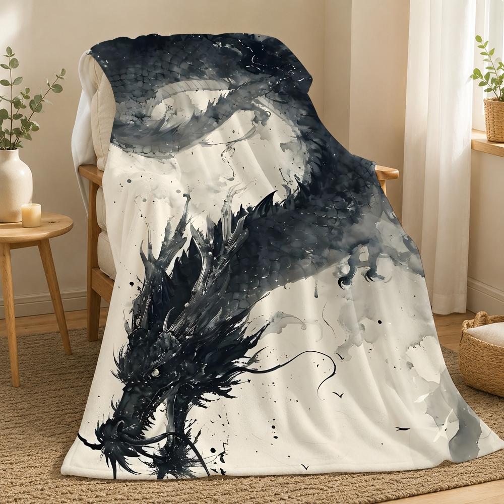 Asian Ink Style Dragon Shadow Throw 240g flannel blanket, suitable for sofas, beds, offices, exquisite gift blankets