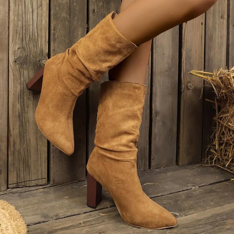 Женские сапоги на высоком каблуке 2024 Классические Ретро Вестерн Сапоги Женские Замшевые Модные Остроносые Плиссированные Дизайн Сапоги до середины икры Botas De Mujer