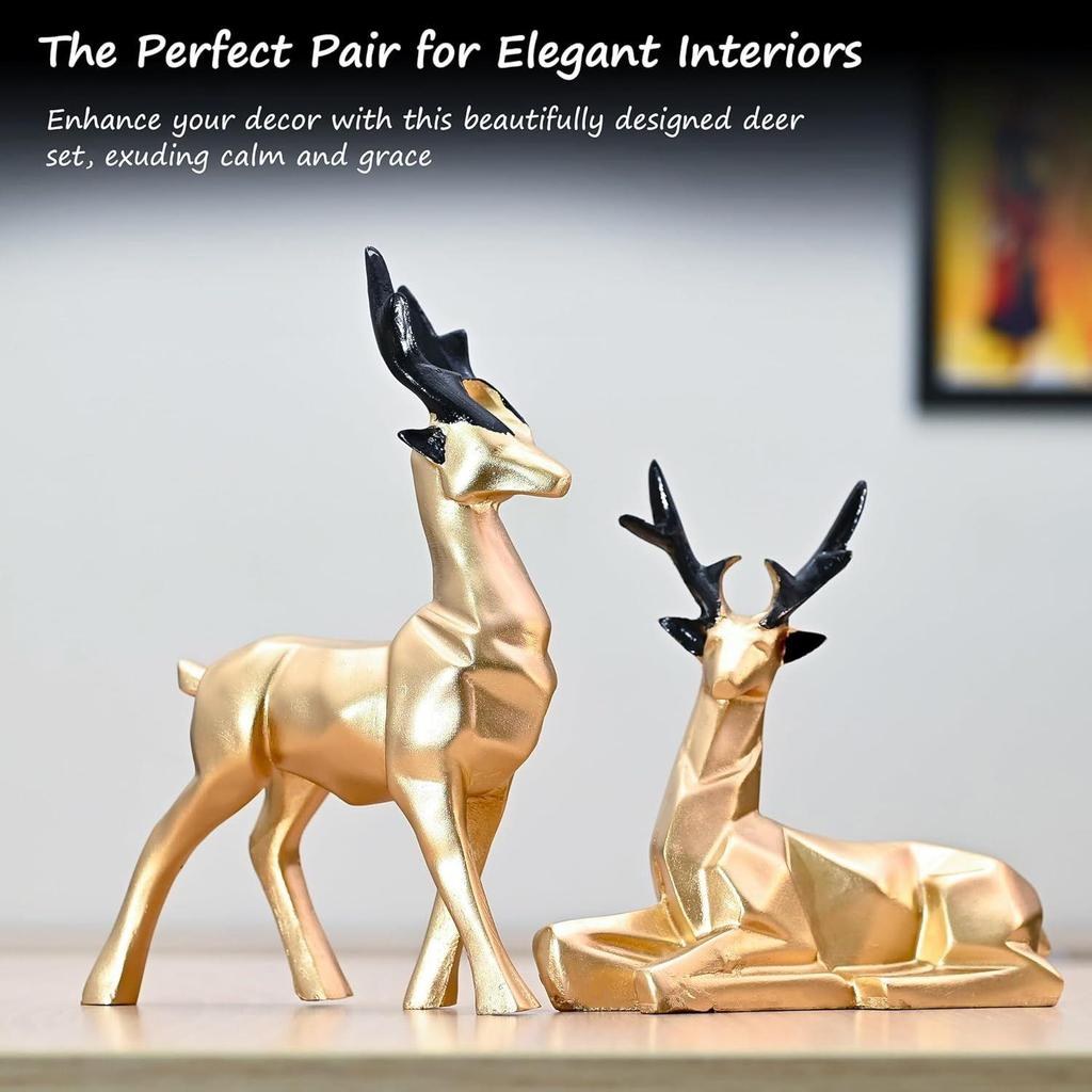 Набор из 2 смоляных скульптур оленей Хиран для домашнего и офисного декора в стиле природы, идеально подходит для любителей природы, прекрасный подарок для друзей и семьи (Золото)