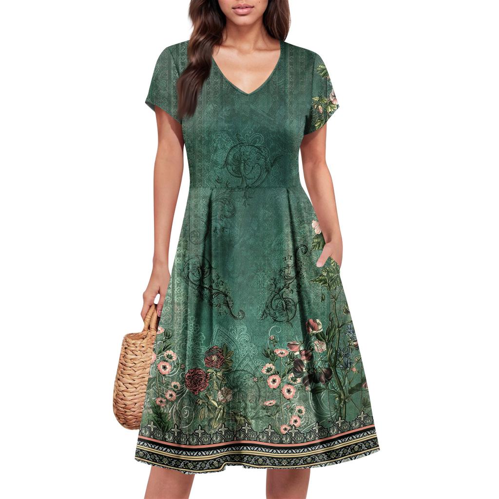 Women's Dress V Neck Sleeve Summer Dress Pleated Elastic Waist A-Line Dress