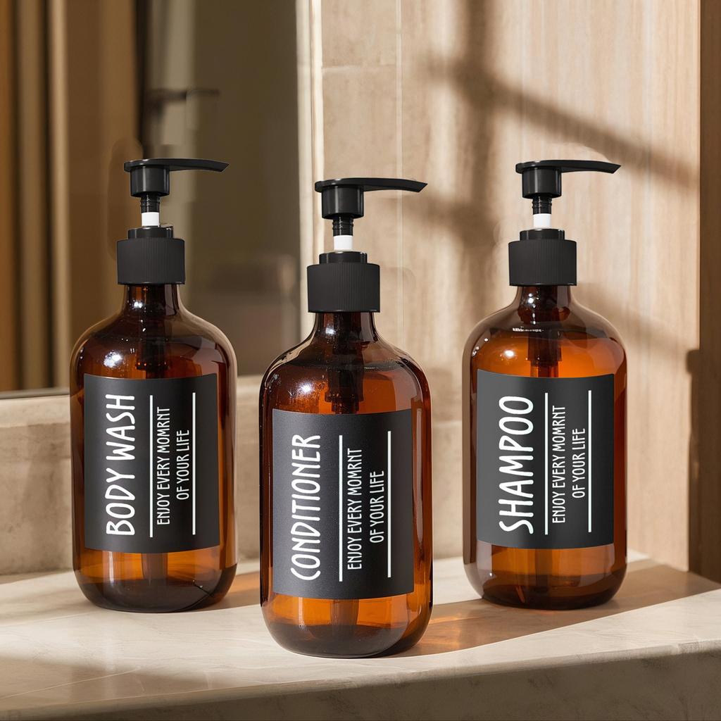 3pcs 500ML Round Bottles Green /Amber Lotion Bottle Plastic Soap Dispenser Portable Shampoo Conditioner Dispensers with 6 Labels