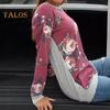 Women Tops Round Neck Raglan Long Sleeve Pullover Tops Flower Print Patchwork Color Mid-length Tee Shirt