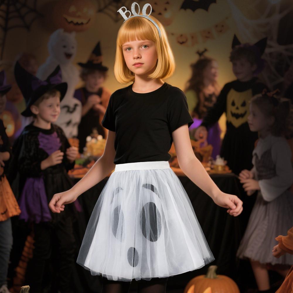 Halloween Ghost Face Pumpkin Veil Dress And Headband Set For Kids
