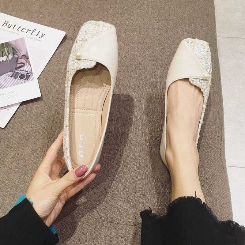 Обувь для женщин 2024 года, квадратный носок, женская летняя обувь, плоские черные туфли на плоской подошве, жемчужные туфли, слипоны со скидкой, высокое качество, популярные
