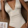 Striped One Piece Swimsuit Vintage Swimwear Women V-neck Bathing Swimming Suit Female Summer Beachwear Bodysuit