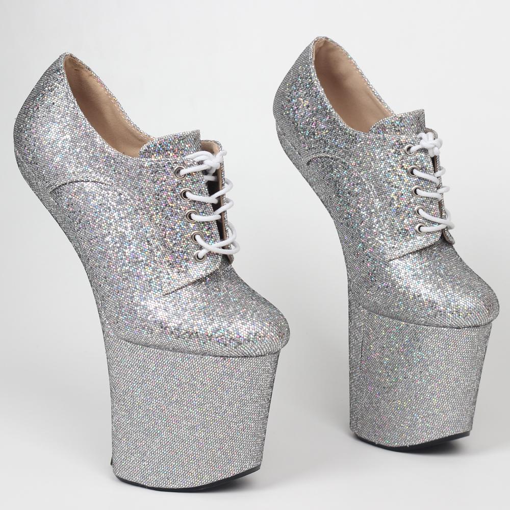 Новые блестящие туфли на высоком каблуке 8 дюймов без каблука с эффектом копыта на подошве со шнуровкой для танцев на пилоне пикантные туфли на платформе