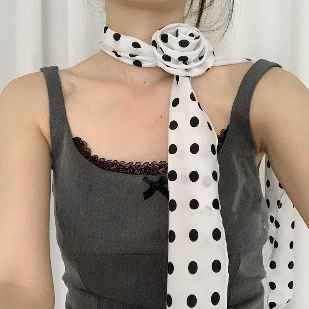 Cravat Polka Dot Scarves Wrap Collar Flower Decoration All-match Long Silk Scarf Spring Summer