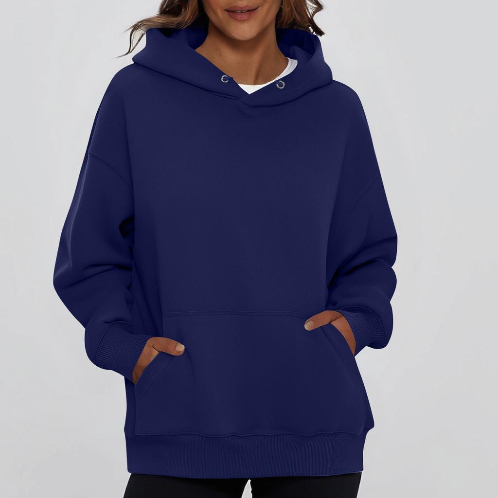 Ladies' Fashionable Solid Color Casual Hooded Pocket Long Sleeved Sweatshirt