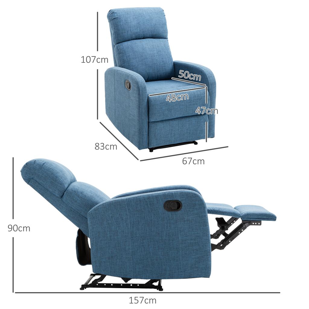 Manual Reclining Relax Armchair with Footrest Capacity 125kg Linen Fabric 67 × 83 × 107cm Blue