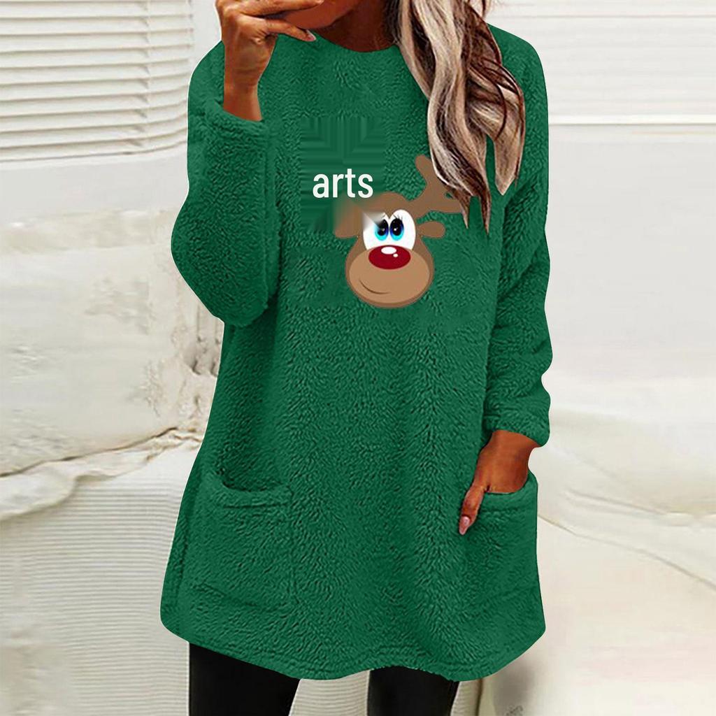 Women's Christmas Deer Print Fleece Sweatshirt with Pockets and Long Sleeves