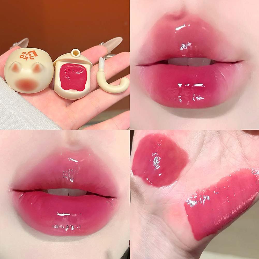 Creative Cute Cat Shaped Mirror Glass Lip Glaze, Lightweight Non-Stick Clear Transparent Lip Mud with Lip Brush