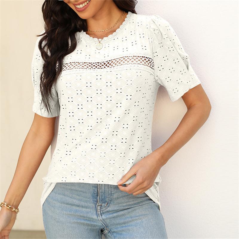 Летняя женская кружевная лоскутная блузка с коротким рукавом розового и белого цвета, повседневная женская пуловер с круглым вырезом, топ