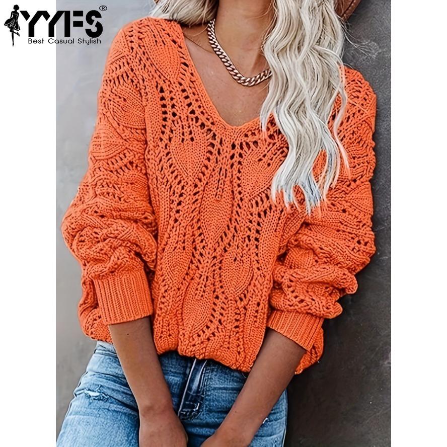 YYFS Women's Fashion Casual Fall Winter Solid Color Print Long Sleeve V Neck Sweaters