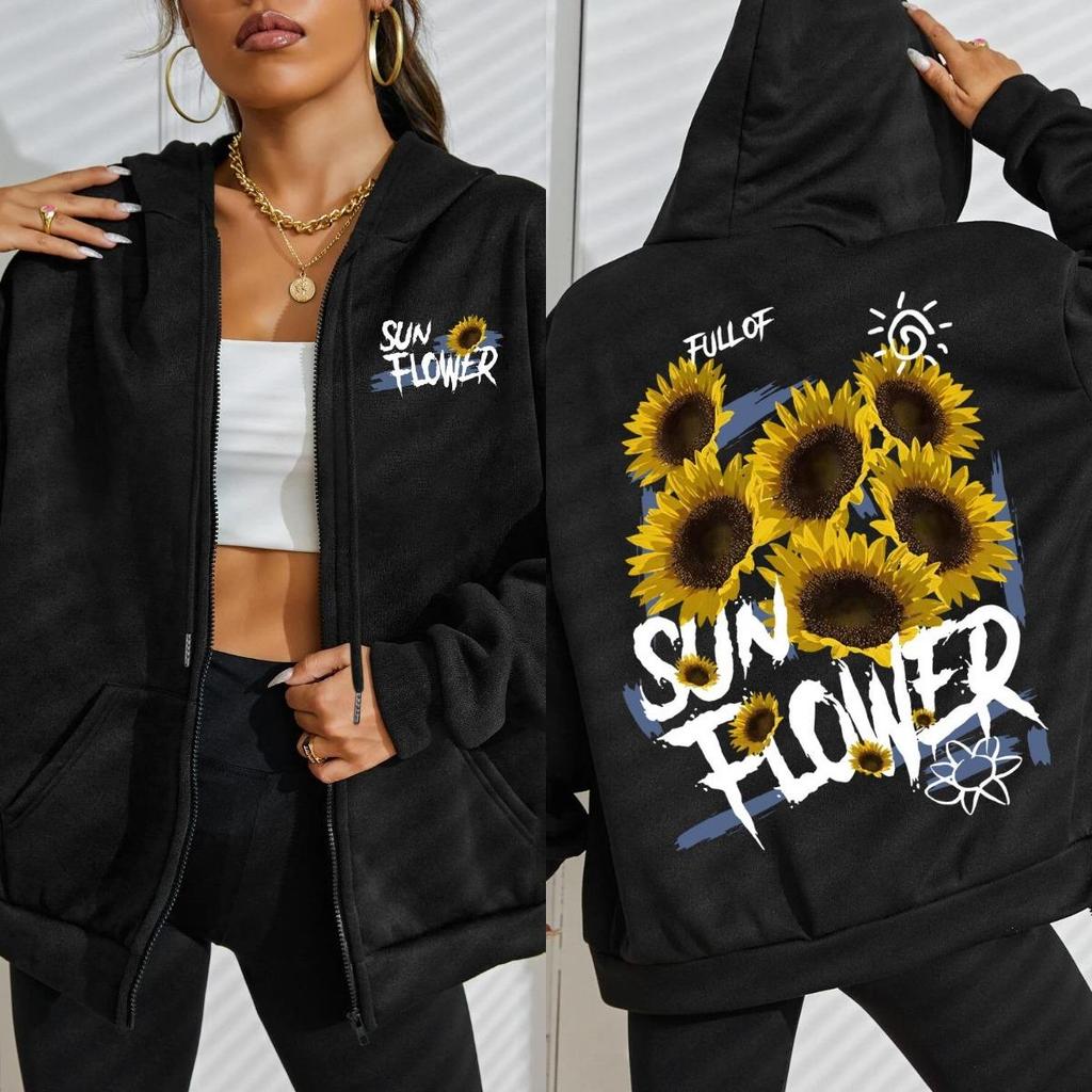 Full Of Sunflower Creative Graffiti Printing Women Zipper Streetwear Hoodie Casual Loose Hoody Autumn Comfortable Top