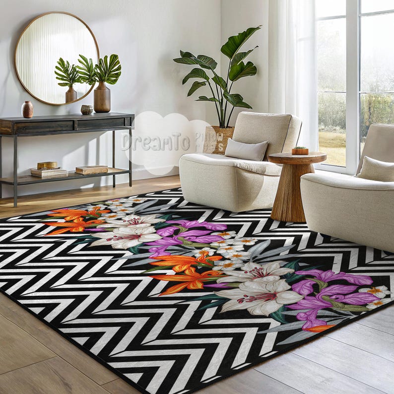 Black White Zigzag Floral Area Rug Purple Orange Lily Botanical Pattern Modern Chevron Decorative Runner Tropical Style Home