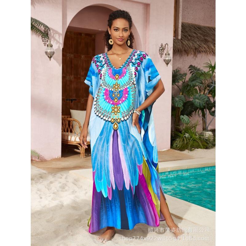 Плюс Размер Женский Пляжный Принт Длинное Платье Праздничный Солнцезащитный Купальник С Накидкой