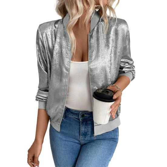 Women's Sequin Short Jackets Long Sleeve Shiny Cropped Coat Lightweight Zipper Metallic Jacket Glitter Party Disco Outfit