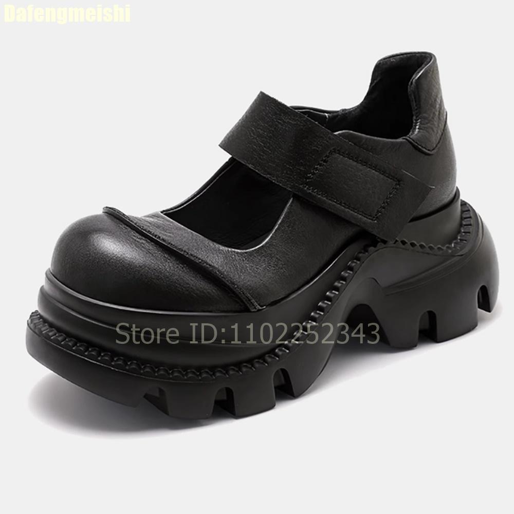 Мода 2025 Новые туфли Мэри Джейн на толстой подошве Женские Панк-стиль Летние С мелким круглым носком Черные кожаные туфли Туфли на платформе