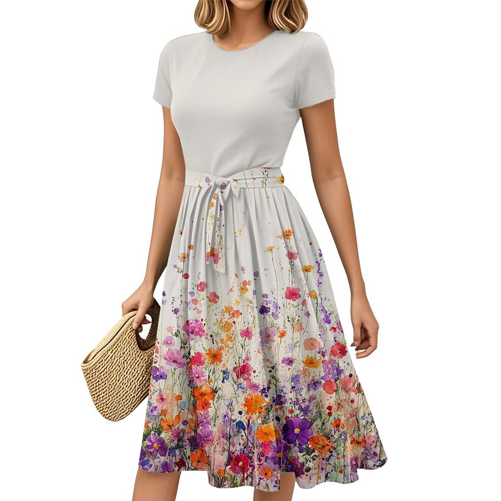 Женская мода Повседневный пояс С коротким рукавом Круглый вырез Геометрический принт Сплайсинг Элегантные платья с темпераментом