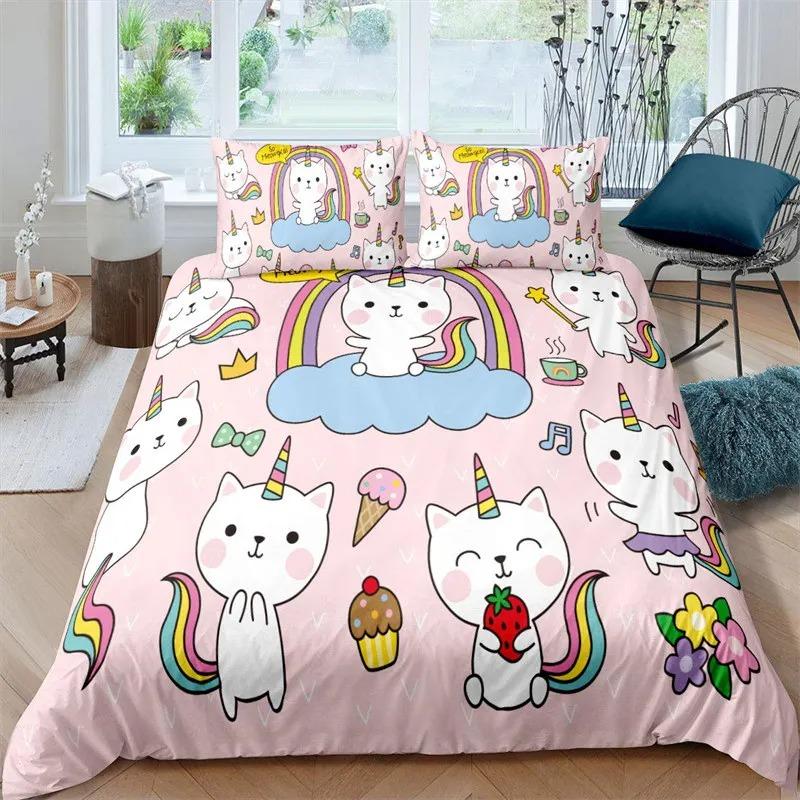 Милый комплект постельного белья с котиками Kawaii Пододеяльник 3D Одеяло для детской спальни Размер Queen King Мягкое постельное белье 240x220