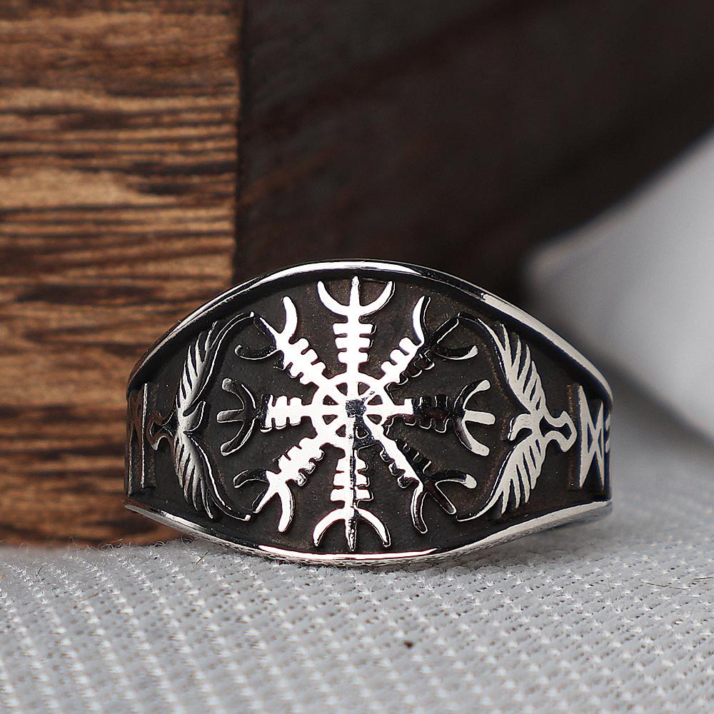 Винтажные кольца-компасы викингов Vegvisir для мужчин из нержавеющей стали, скандинавский амулет Одина и ворона, руническое кольцо, байкерские украшения