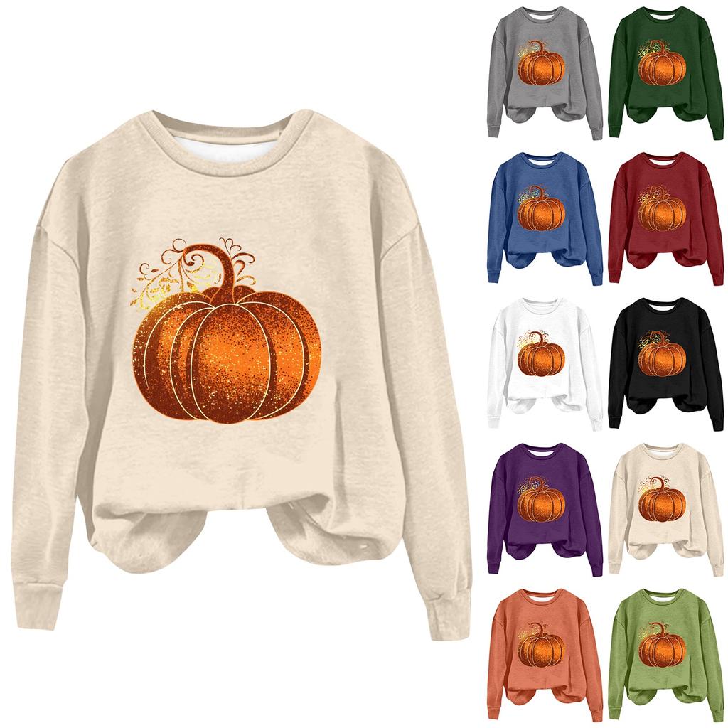 Женская мода Хэллоуин с длинным рукавом с принтом Свободная толстовка с круглым вырезом Топ