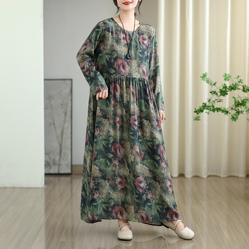 Long Sleeve Plus Size Cotton Vintage Floral New In Dresses for Women Casual Loose Spring Summer Autumn Dress