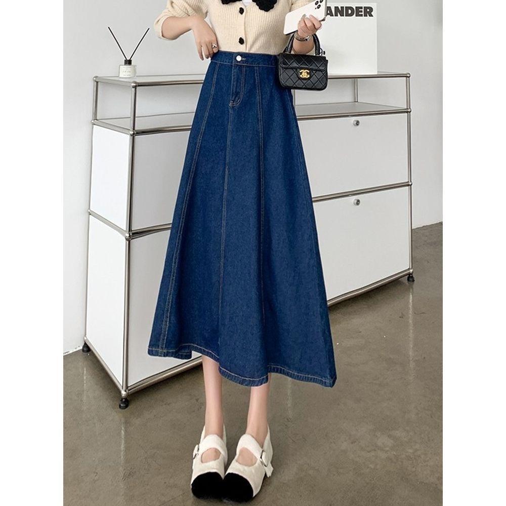 Весна Осень Женская Мода Повседневная Джинсовая Юбка с Высокой Талией Миди А-силуэта