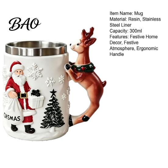 Christmas Coffee Mug Santa Claus with Reindeer Handle, 300ml 3D Resin Holiday Cup Embossed for Hot Cocoa, Winter Home Decor Unique Table Ornament