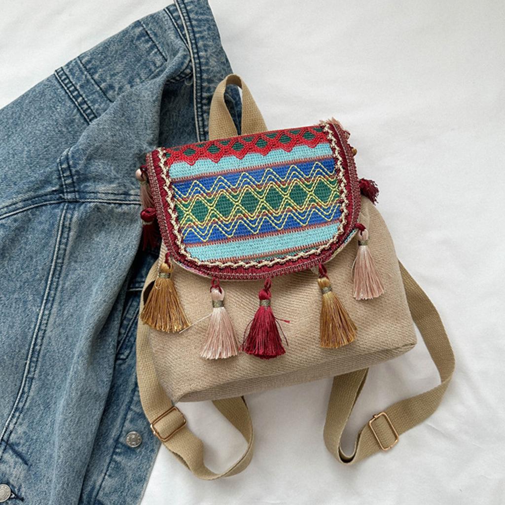 Сумка через плечо с двойным ремнем, рюкзак для девочек-студентов, универсальная сумка с кисточками, школьный рюкзак в этническом стиле для отдыха